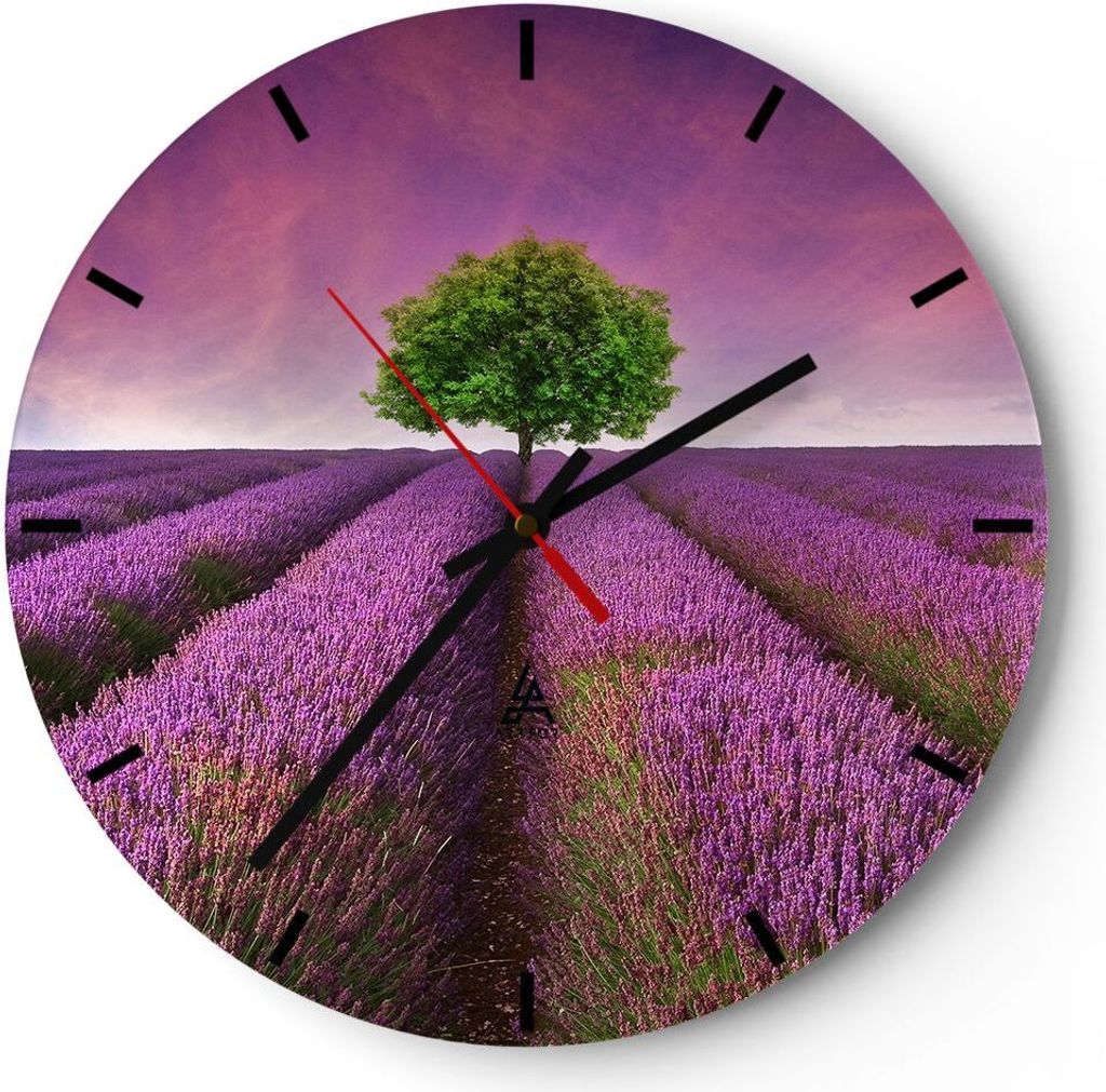 Wanduhr - Rund - Glasuhr - Wiese lavenda Sommer Landschaft - 30x30cm - Schleichendes Uhrwerk - Lautlos - zum Aufhängen bereit - Dekoration Modern ...