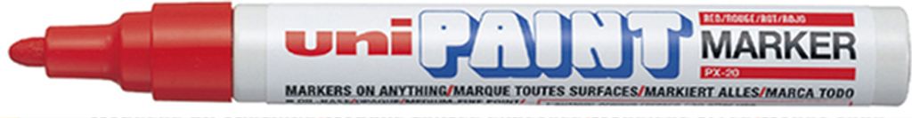 A red paint marker with the brand name 'uni PAINT MARKER' printed on its side.