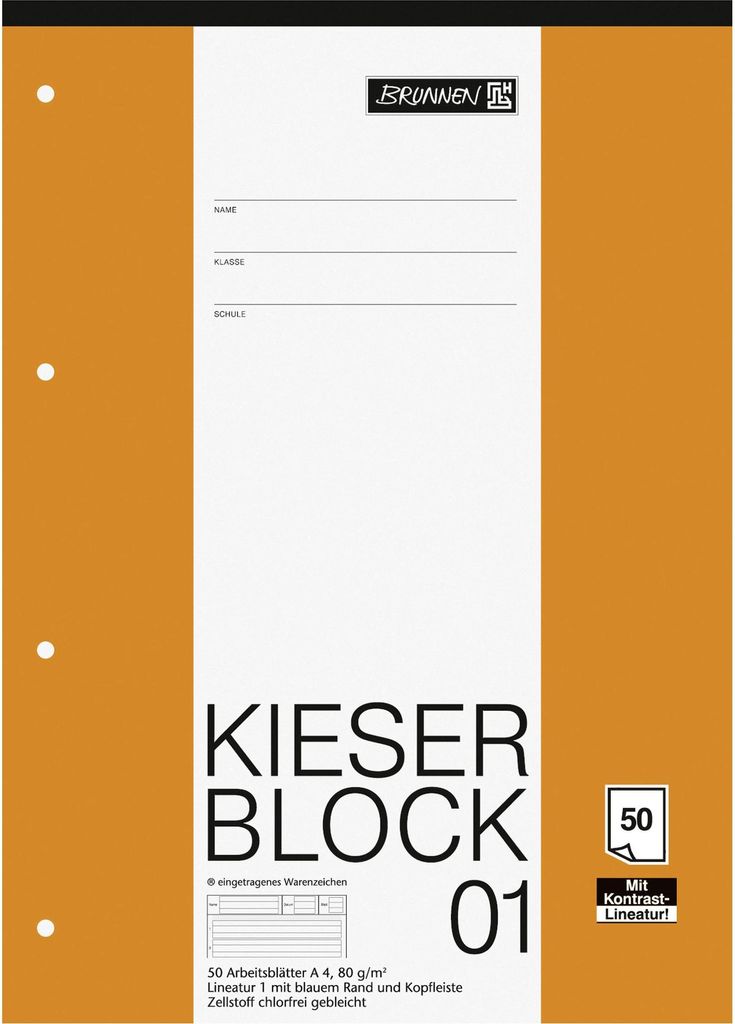 A notebook or pad with a prominent orange border and a white center panel containing text and branding.