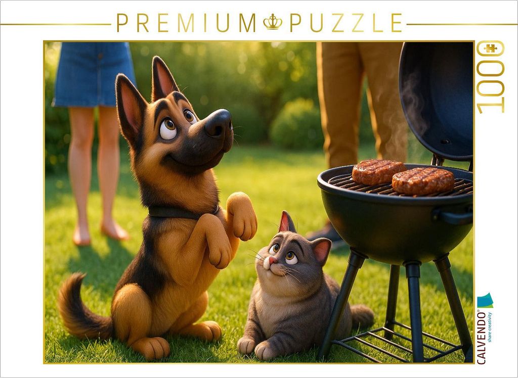 CALVENDO Puzzle Gibt es was für uns? - Schäferhund und Katze betteln am Grill | 1000 Teile Lege-Größe 64x48cm Foto-Puzzle für glückliche Stunden