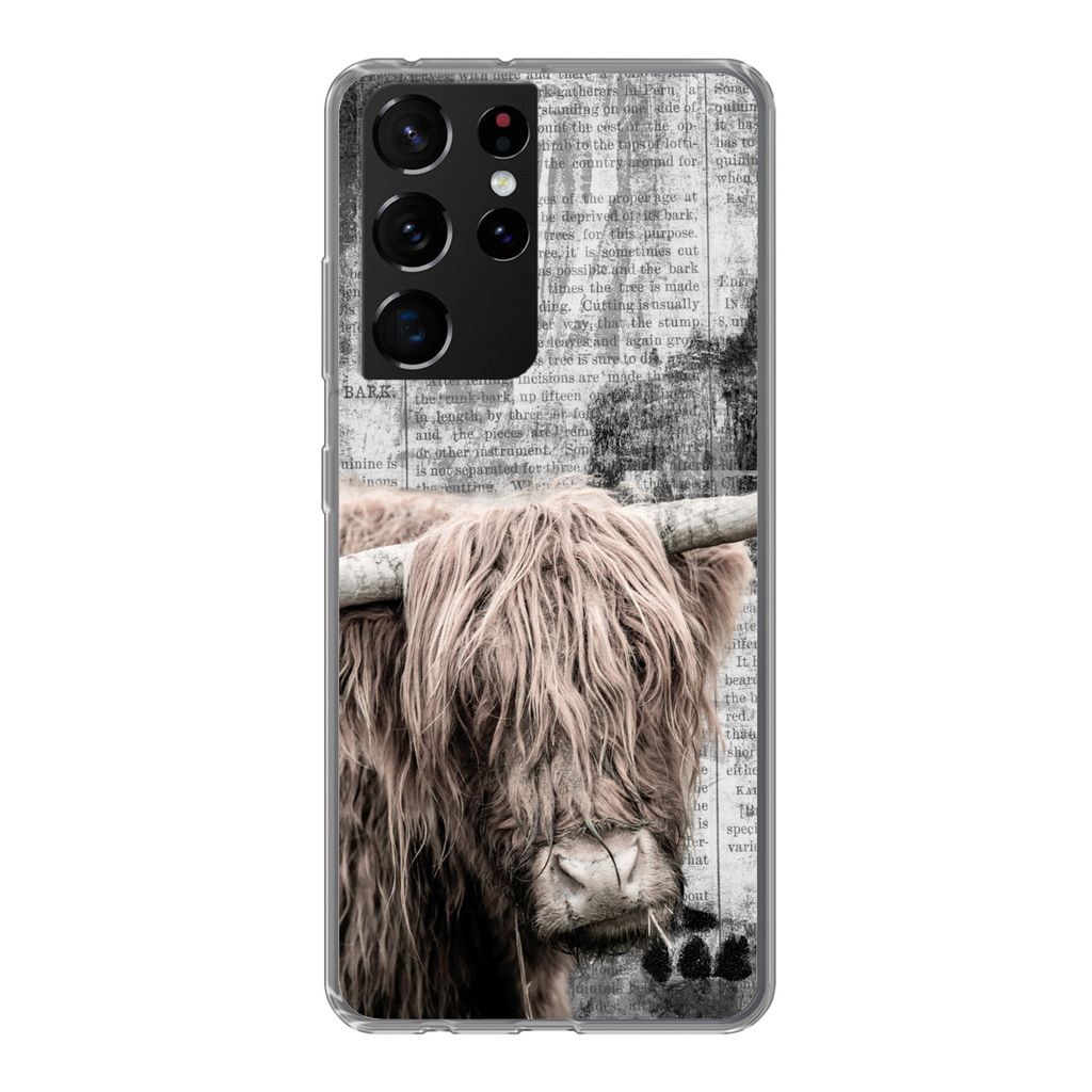 MuchoWow Handyhülle Schutzhülle Hülle für Samsung Galaxy S21 Ultra Schottischer Hochländer - Vintage - Text Silikon Softcase Handy Hülle - ...
