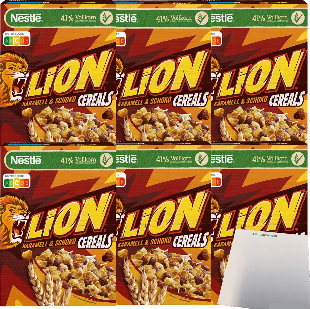Nestle Lion Cereals Karamellschoko Cornflakes 41% Vollkorn 6er Pack (6x400g Packung) + usy Block