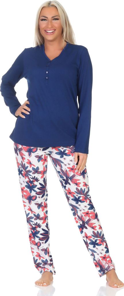 Damen Schlafanzug langarm Pyjama in floralem Design auch in Übergrössen ; navy , 60