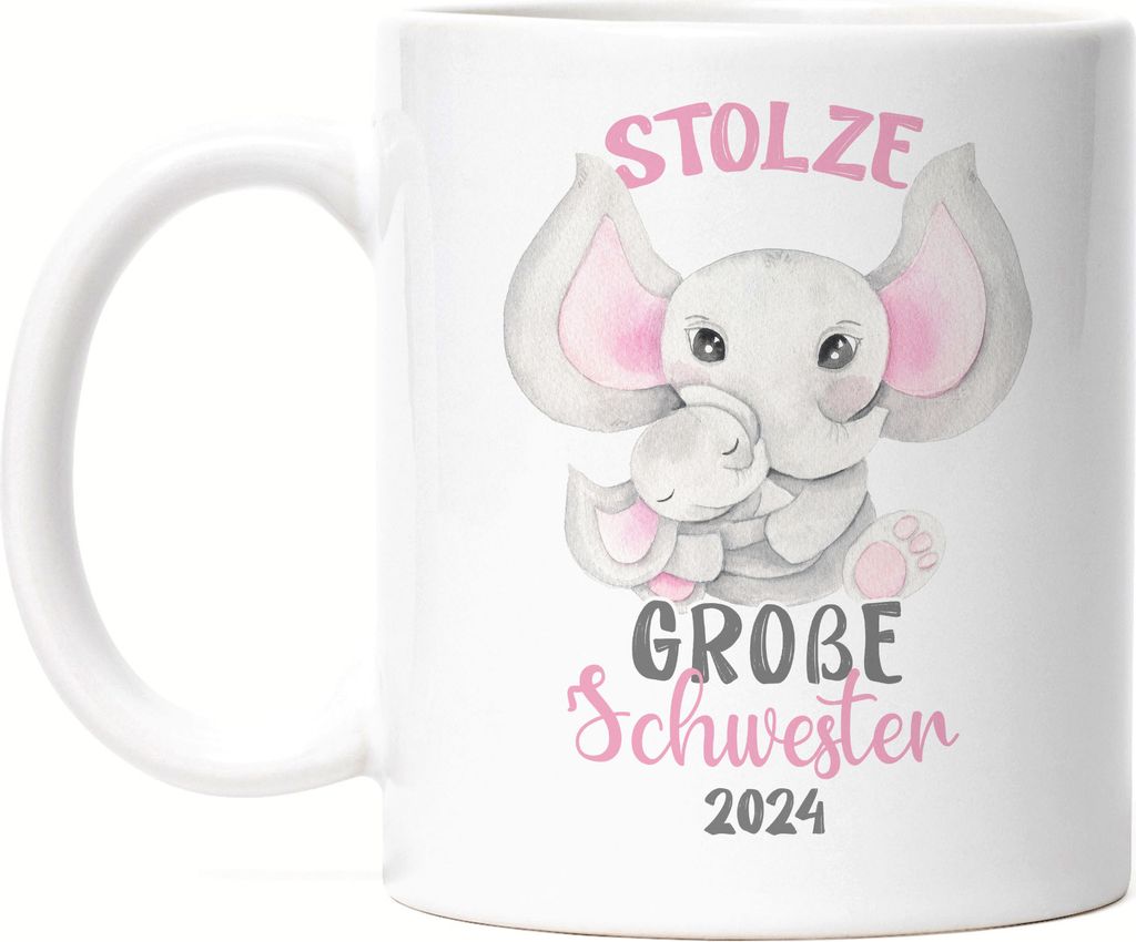 Stolze Große Schwester 2024 Tasse Weiß Elefanten Liebe Familie Schwestern Zusammenhalt Geschwister Geborgenheit