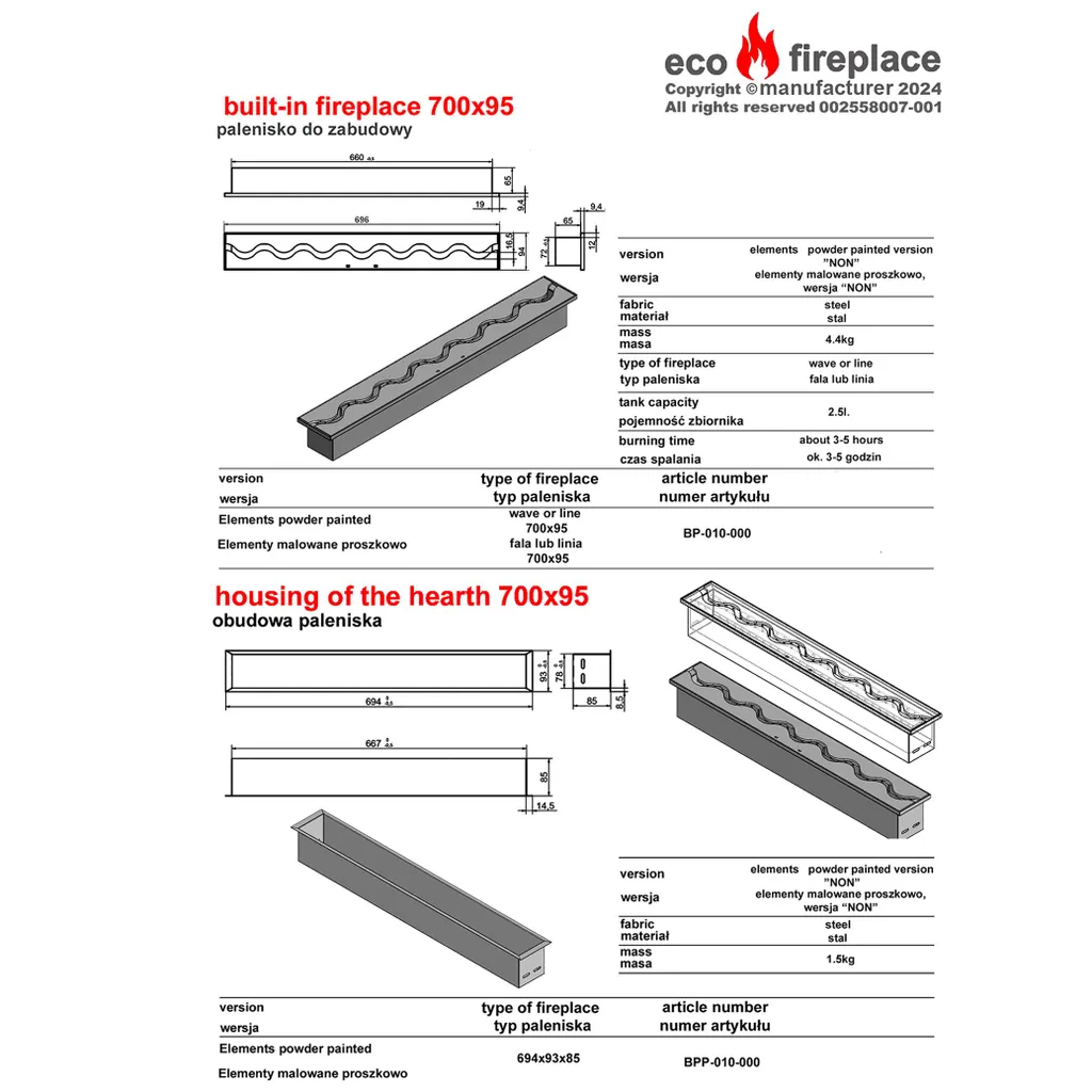 Cheminée bioéthanol encastrable 700mm VAGUE - Brûleur de table et insert - 5