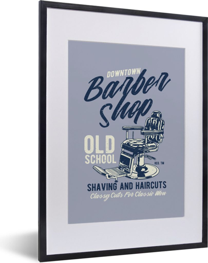 MuchoWow MuchoWow Gerahmtes Poster Mancave - Stuhl - Barbier - Vintage 30x40 cm - Poster mit zchwarzem Bilderrahmen - Wandposter Schlafzimmer