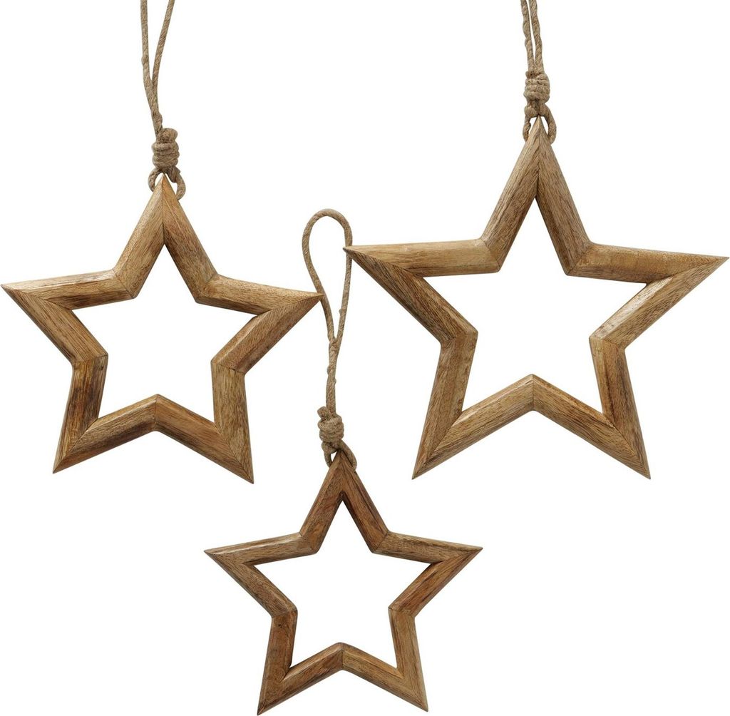 Boltze Home Weihnachtsstern Dekoanhänger Set aus 3 Mango Holz Sternen
