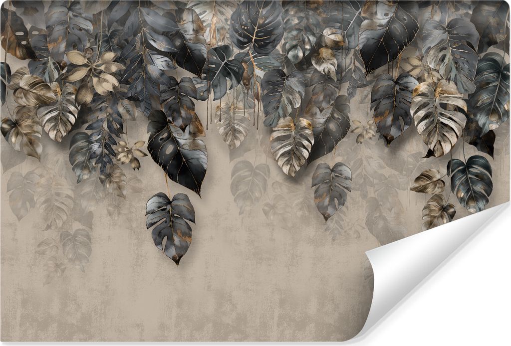 Vlies Fototapete tropische BLÄTTER Pflanzen Natur Beton-Optik Wanddekoration für Wohnzimmer Schlafzimmer Br. 450 cm x Hö. 300 cm