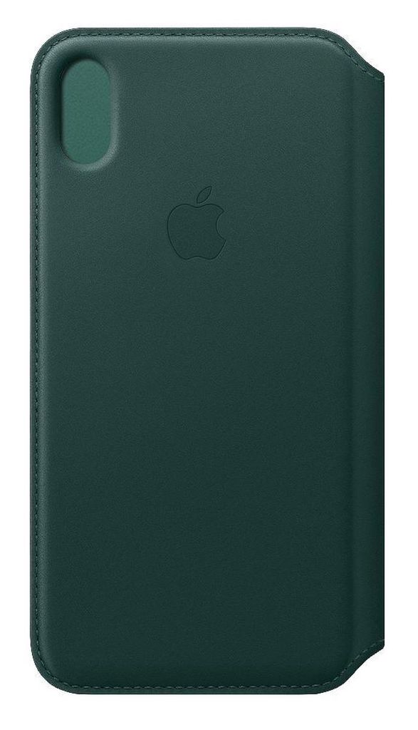 A dark green leather iPhone case with the Apple logo embossed in the center.