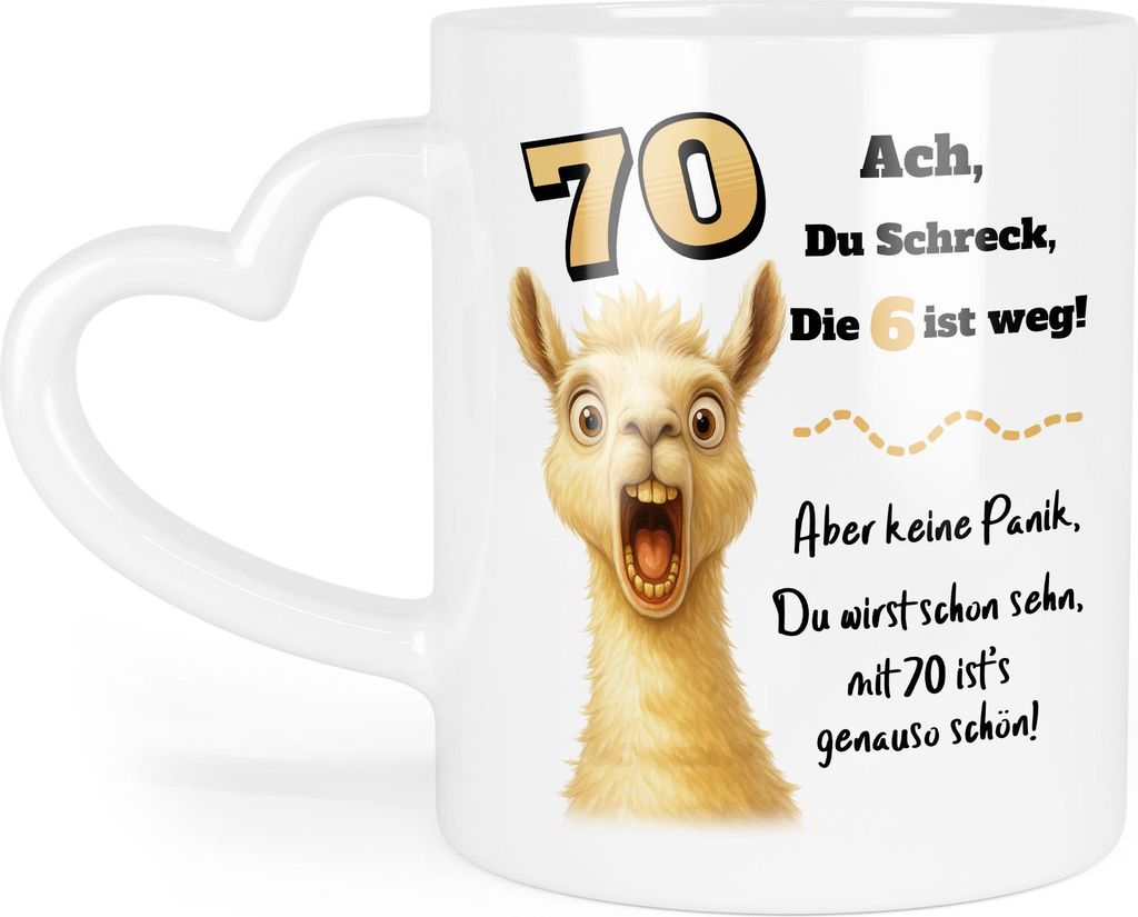 Ach du Schreck Lama Tasse Herzhenkel Lustiges Geschenk 70 Geburtstag Party Spaß Frauen Männer