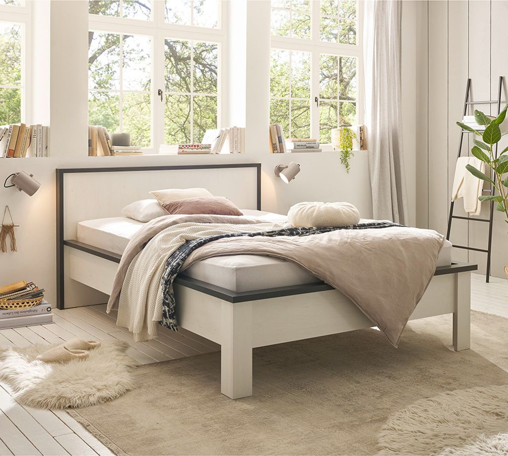 Bett 140x200 cm SHELTON-61 in Pinie weiß mit anthrazit