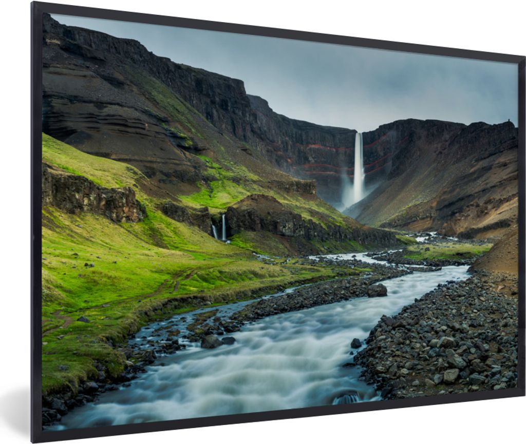 MuchoWow MuchoWow Gerahmtes Poster Wasserfall - Skandinavien - Hengifoss 30x20 cm - Poster mit zchwarzem Bilderrahmen - Kunstdruck - Bild-Poster