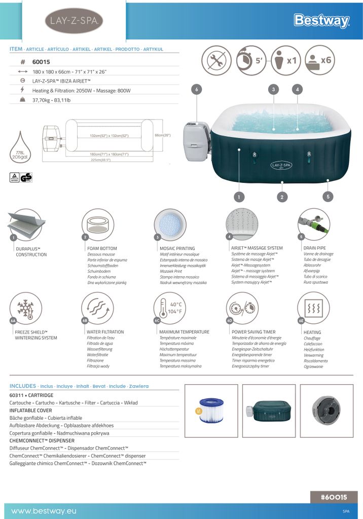 Bestway® LAY-Z-SPA® Whirlpool Ibiza AirJet™ 180 x 180 x 66 Obrázek produktu 37