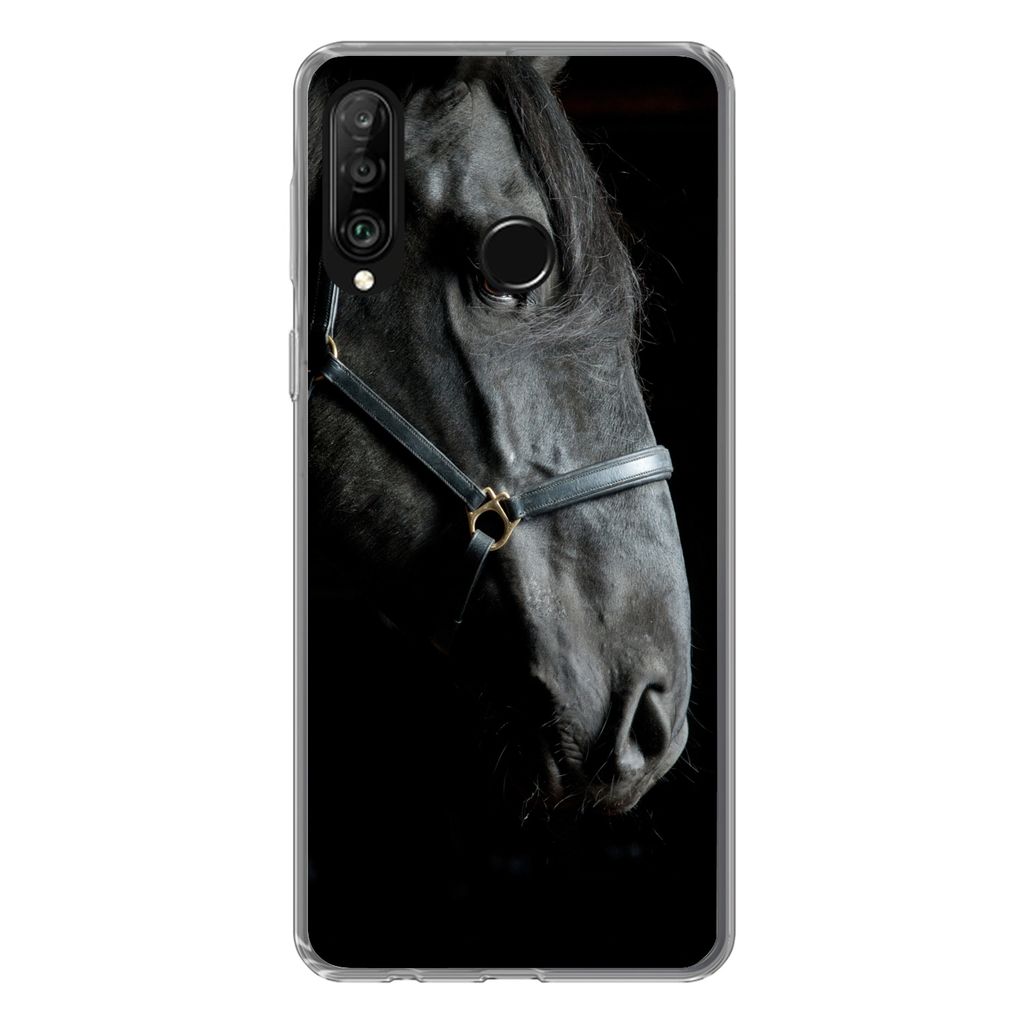 MuchoWow Handyhülle Schutzhülle Hülle für Huawei P30 Lite Pferd - Schwarz - Halfter Silikon Softcase Handy Hülle - Handyhülle
