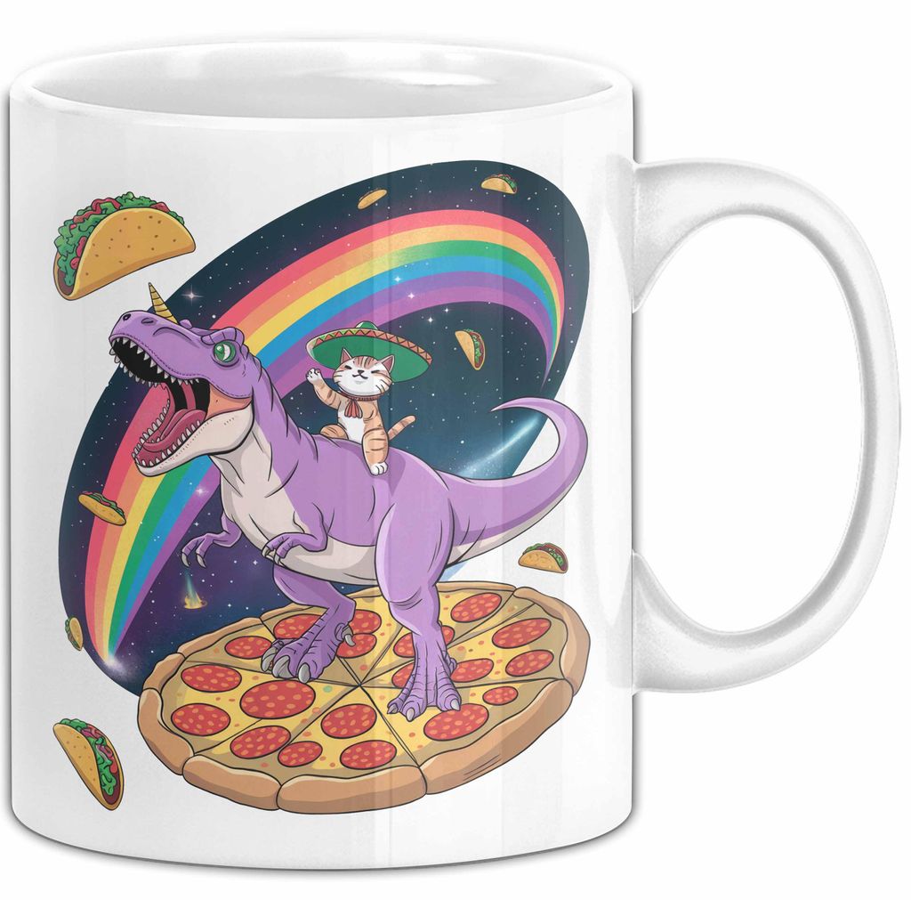 Katzen Tasse Geschenk Katze reitet Dinosaurier & isst Pizza (Weiß)
