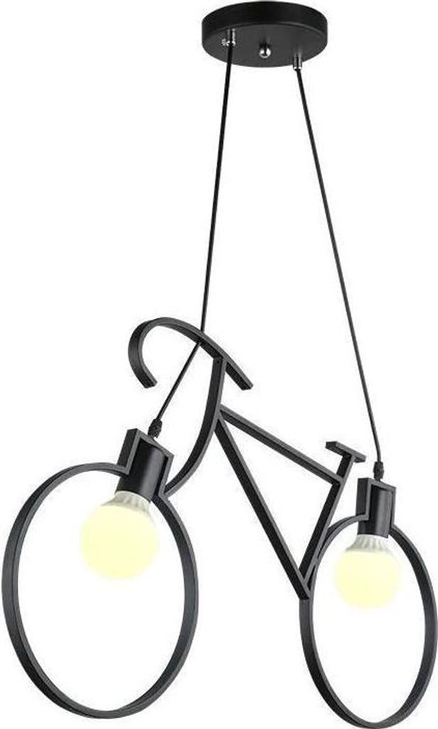 A black bicycle-shaped pendant light with two light bulbs.