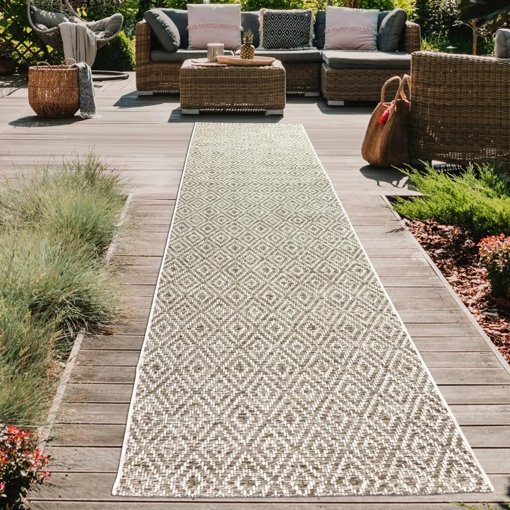 Tapis beige à losanges 80x250 cm robuste et lavable intérieur extérieur