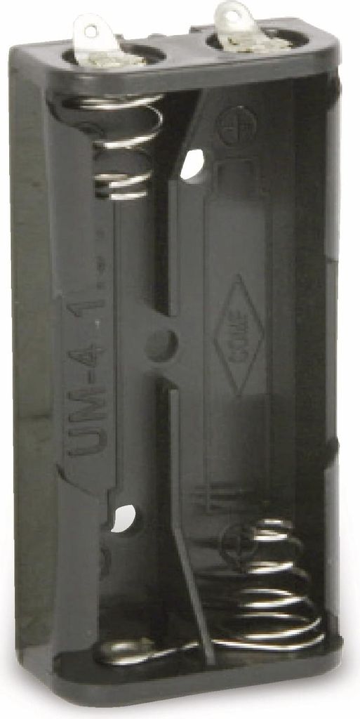 A black battery holder for two AAA batteries.