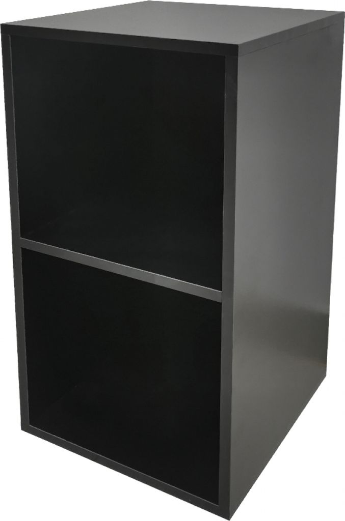 A black storage cabinet with two open shelves.