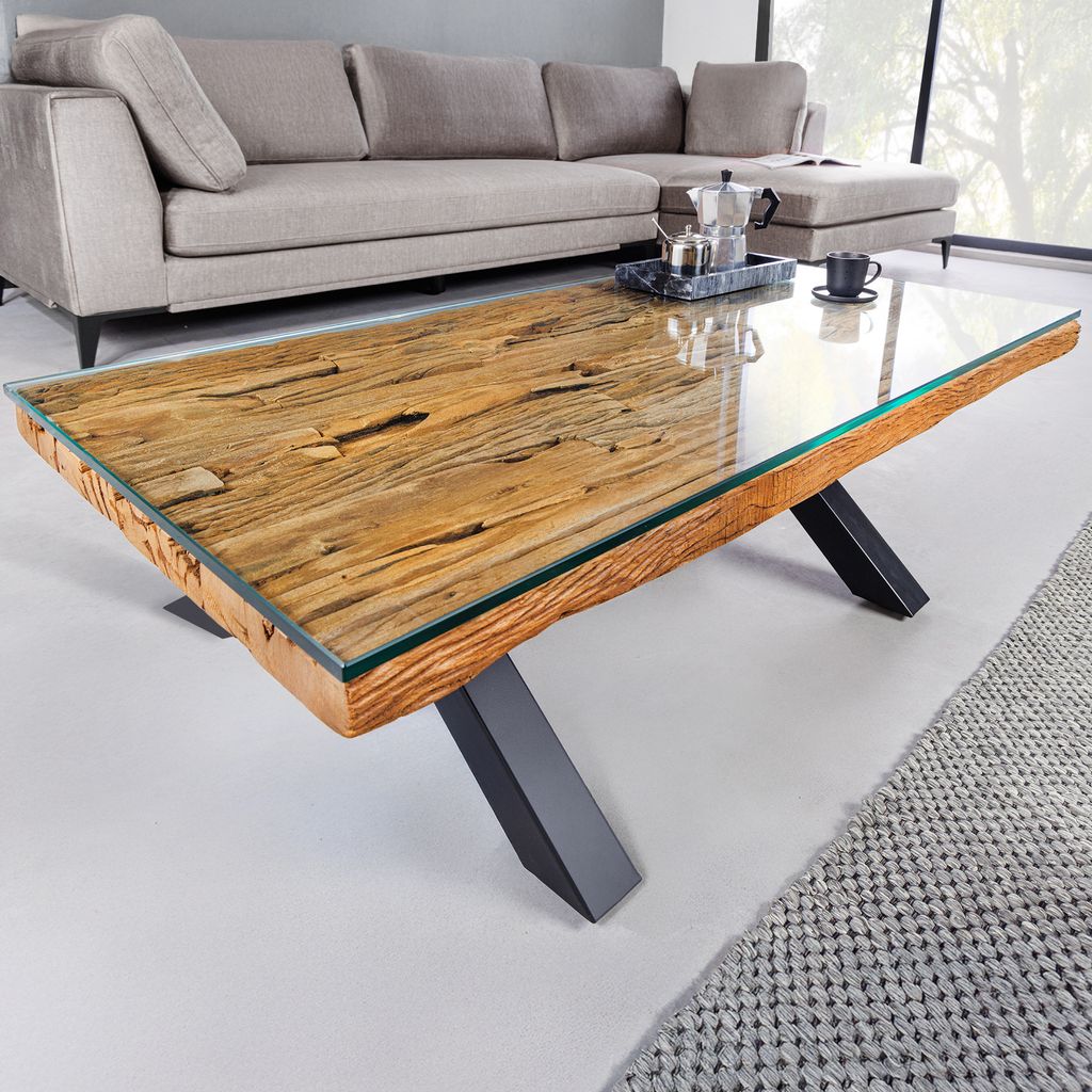 riess-ambiente Massiver Couchtisch BARRACUDA 110cm antik natur Teakholz X-Gestell Glasplatte Beistelltisch Tisch