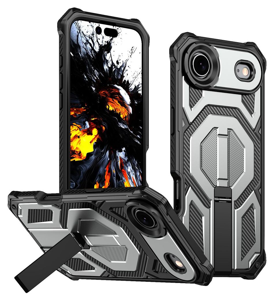 Magnetische Hülle für iPhone Air, Kompatibel mit MagSafe, Mit Metall-Ständer, Militärischer Stoßschutz Handyhülle Grau