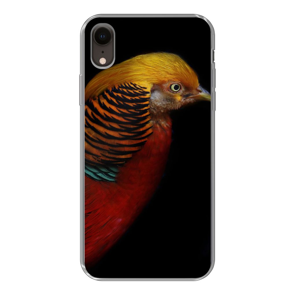 MuchoWow Handyhülle Schutzhülle Hülle für iPhone XR Vogel - Federn - Schwarz - Porträt Silikon Softcase Handy Hülle