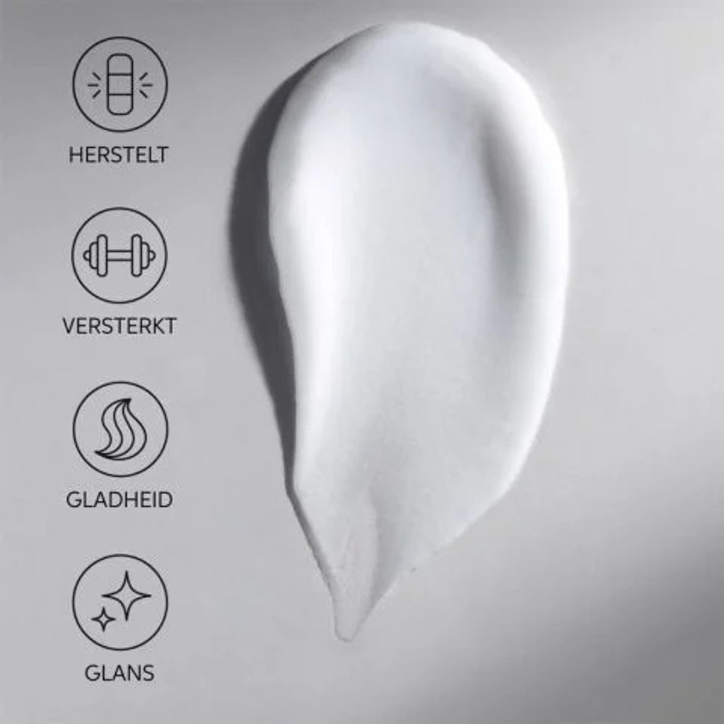 A swirl of white cream with four circular icons and text labels on the left side.