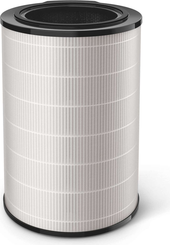 A white cylindrical air filter with a black top and bottom rim, set against a plain white background.