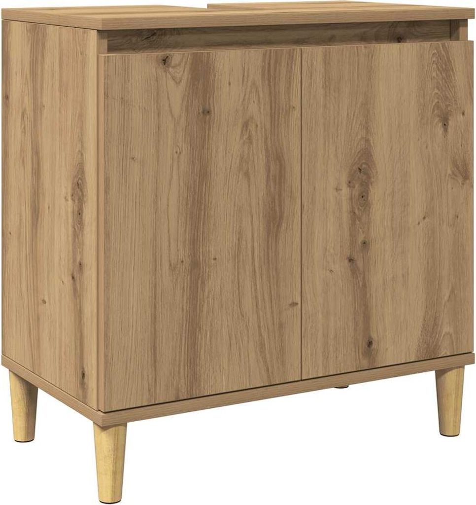 A product image of a wooden cabinet with two doors and four legs, shown against a white background.