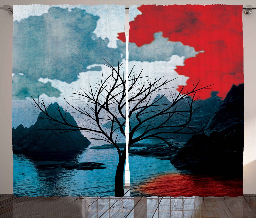 ABAKUHAUS einsamer Baum Rustikaler Vorhang, idyllische Natur, Wohnzimmer Universalband Gardinen mit Schlaufen und Haken, 280 x 245 cm, Vermilion Blau