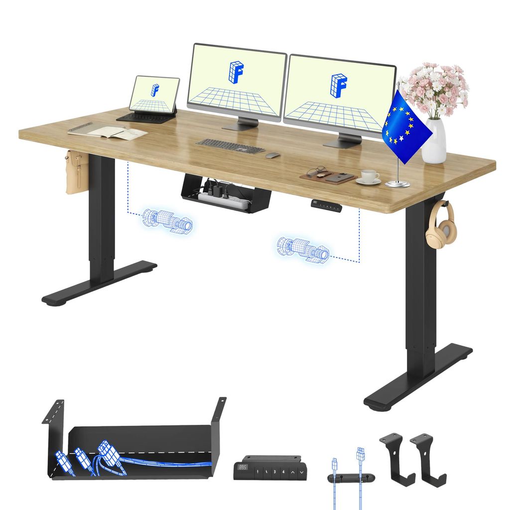 FLEXISPOT E1 Pro Elektrisch Höhenverstellbarer Schreibtisch EU, 160x80cm 25MM EINTEILIGE TISCHPLATTE Doppelmotor 120KG Tragkraft Natur-Eiche Optik