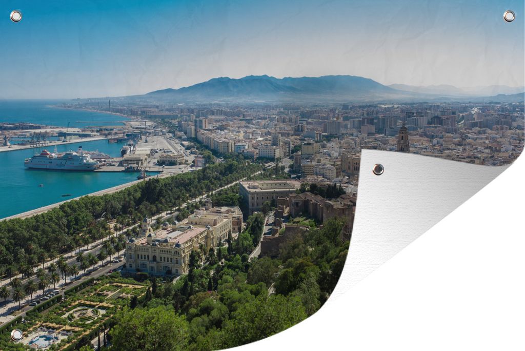 MuchoWow 90x60 cm Outdoor-Poster Gartendeko Sichtschutz Garten Poster für den Garten Ein Luftbild von Málaga von einem Aussichtspunkt in Spanien