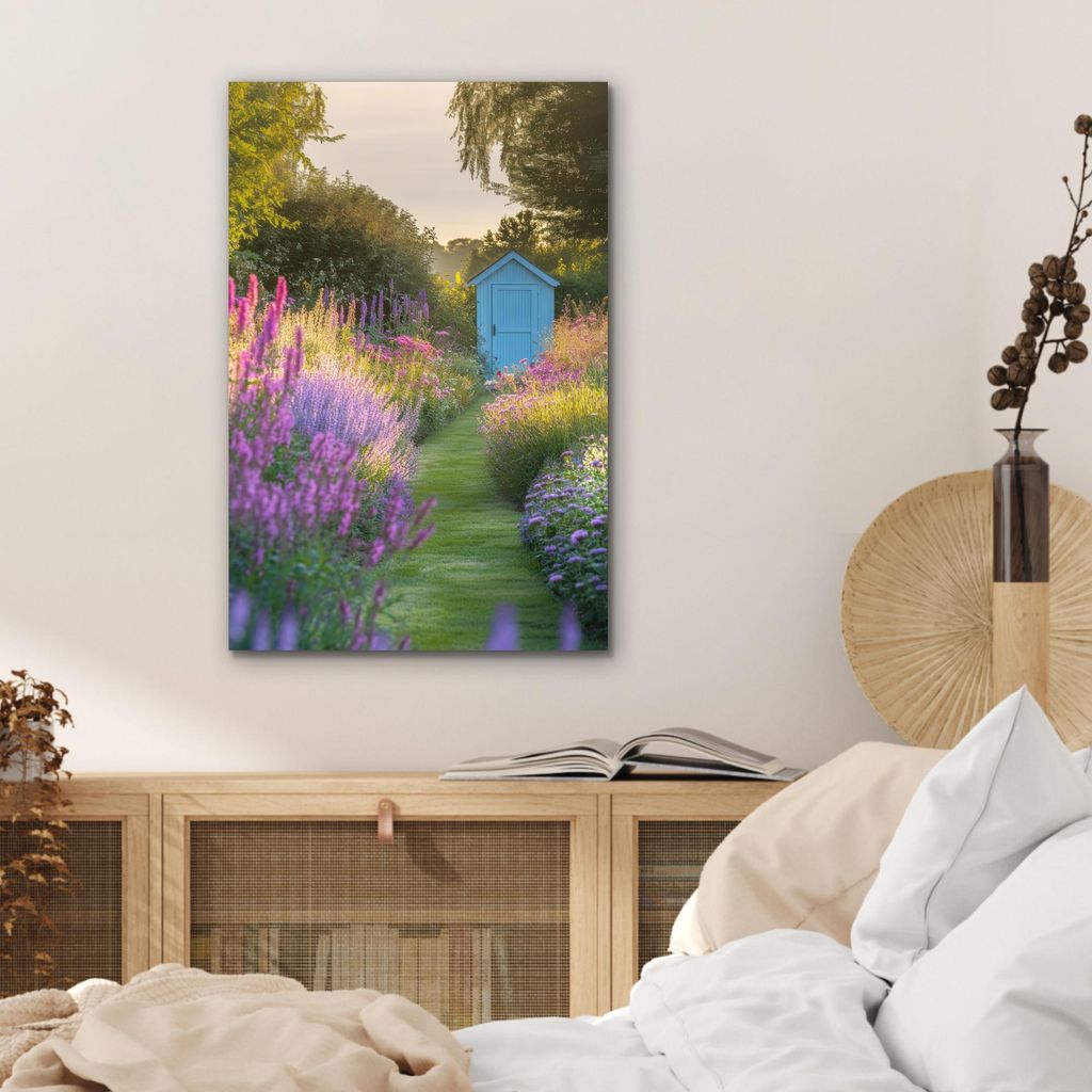 MuchoWow Wanddekoration Metall Metallbild Wandkunst 40x60 cm Gartenhaus - Blau - Blumen MuchoWow Aluminium Gemälde - Wanddekoration aus Aluminium