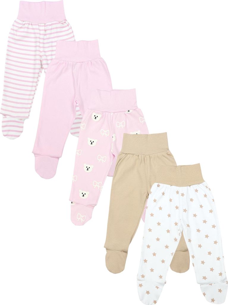 TupTam Baby Unisex Hose mit Fuß Bunte 5er Pack, Farbe: Beige_Sterne_Streifen_Bären, Größe: 56