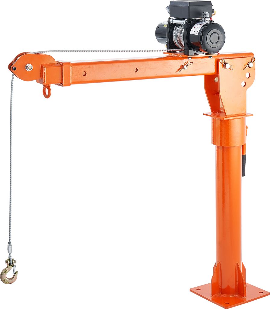 An orange electric pickup truck crane with a winch is shown against a white background.