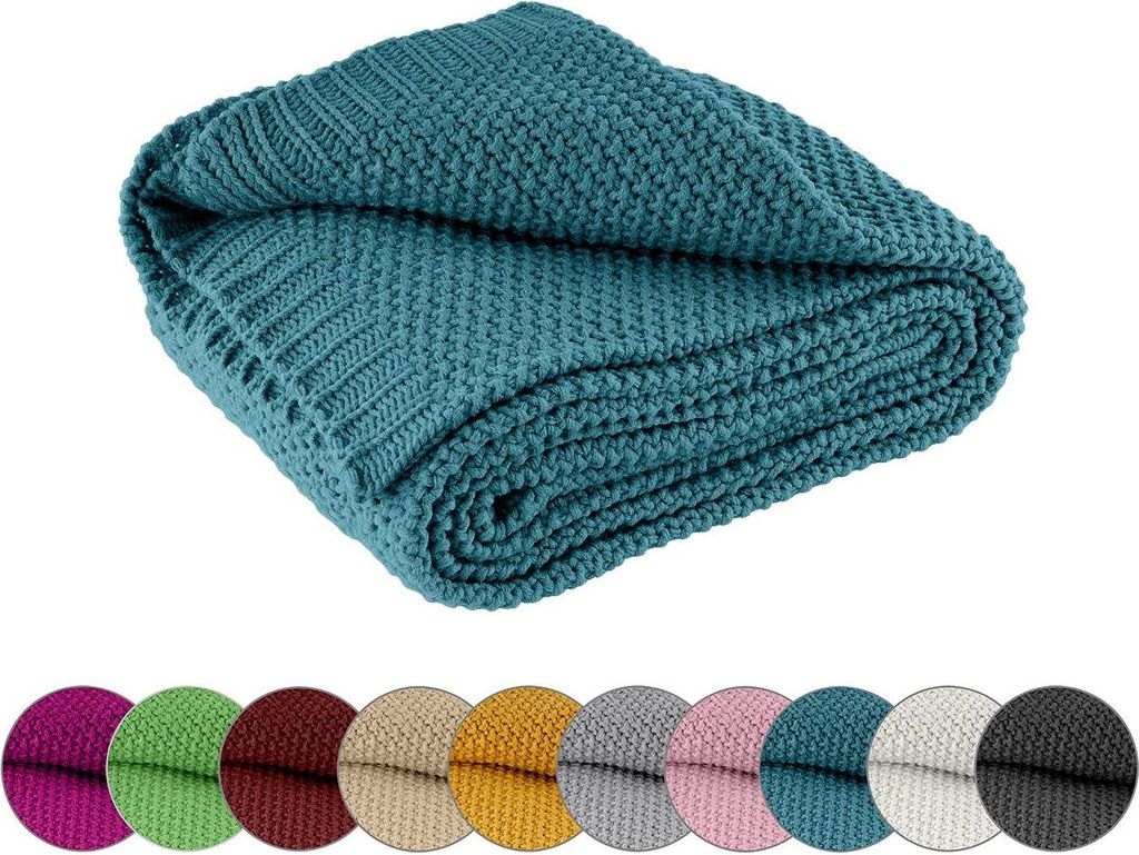 Kuscheldecke Strick OEKO-TEX 140x190 türkis petrol - warme weiche Strickdecke mit edlem und schlichten Strickmuster
