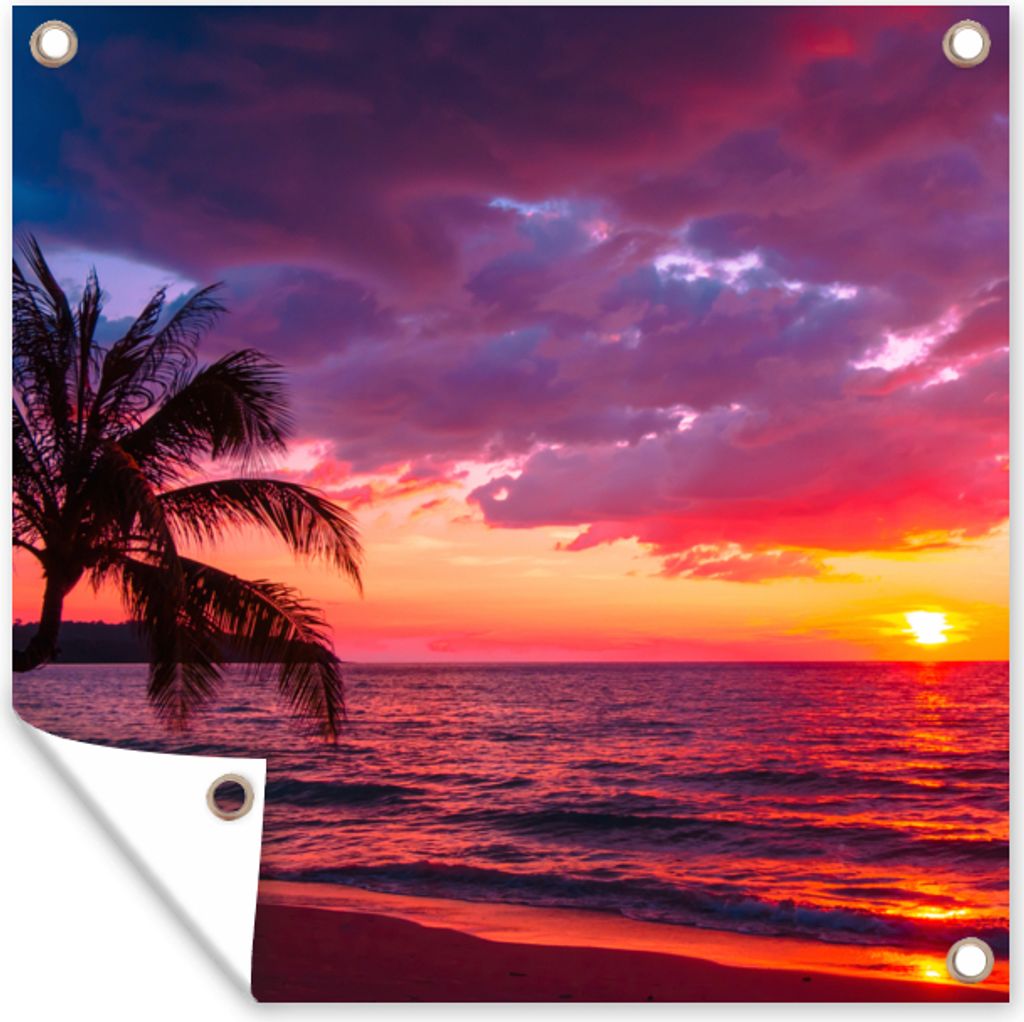 MuchoWow 50x50 cm Outdoor-Poster Gartendeko Sichtschutz Garten Poster für den Garten Sonne - Horizont - Rosa - Palme - Meer