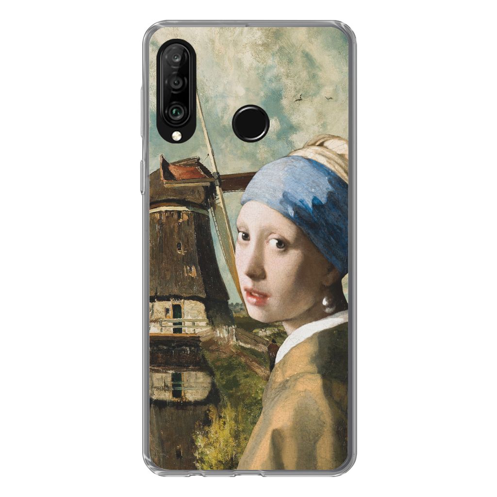 MuchoWow Handyhülle Schutzhülle Hülle für Huawei P30 Lite Mädchen mit Perlenohrring - Mühle - Kunst Silikon Softcase Handy Hülle - Handyh...