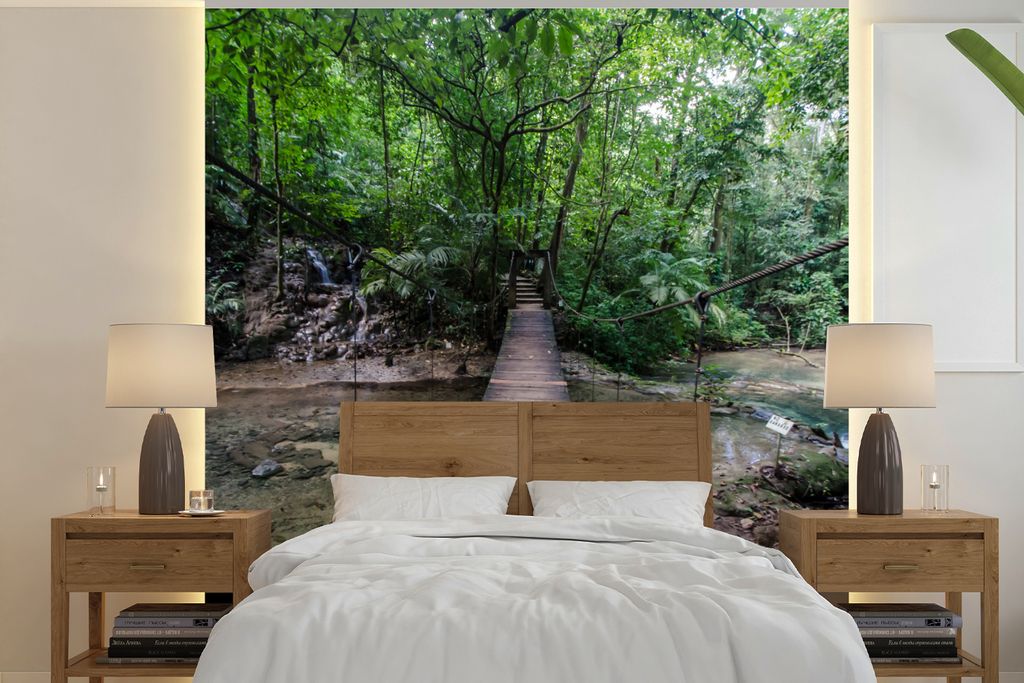 MuchoWow Fototapete für Wohnzimmer oder Schlafzimmer Wandtapete Vinyl Motivtapete Brücke im Dschungel bei Palenque in Mexiko - 300x300 cm - Wan...