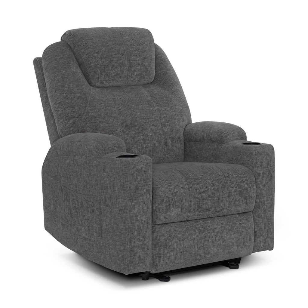 A gray recliner chair with cup holders on a white background.