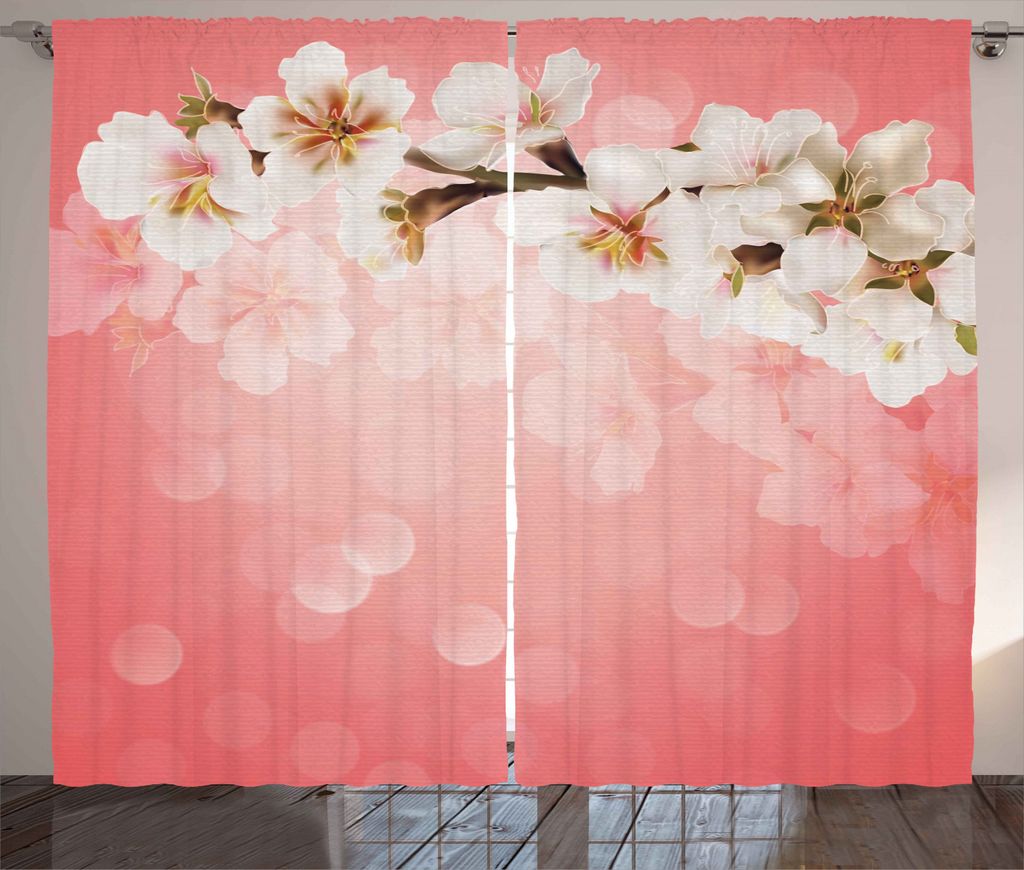 ABAKUHAUS Koralle Rustikaler Vorhang, Blühender Sakura-Zweig, Wohnzimmer Universalband Gardinen mit Schlaufen und Haken, 280 x 245 cm, Coral Grün...