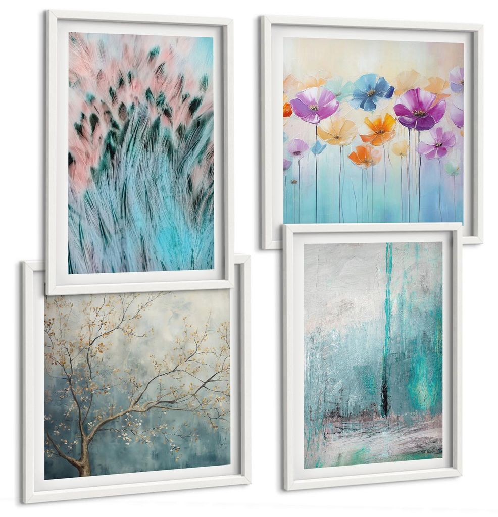 Bilder Set 4-teilig im weißen Rahmen – Wandbilder 4 Stück – gerahmte Poster für Wohnzimmer, Schlafzimmer und Flur – 50x50 cm - 40x60 cm ...