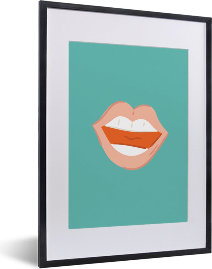 MuchoWow Gerahmtes Poster Blau - Zähne - Rot 30x40 cm - Poster mit Schwarzem Bilderrahmen Wandposter Rahmen Foto Bilder - Wandposter Schlafzimmer