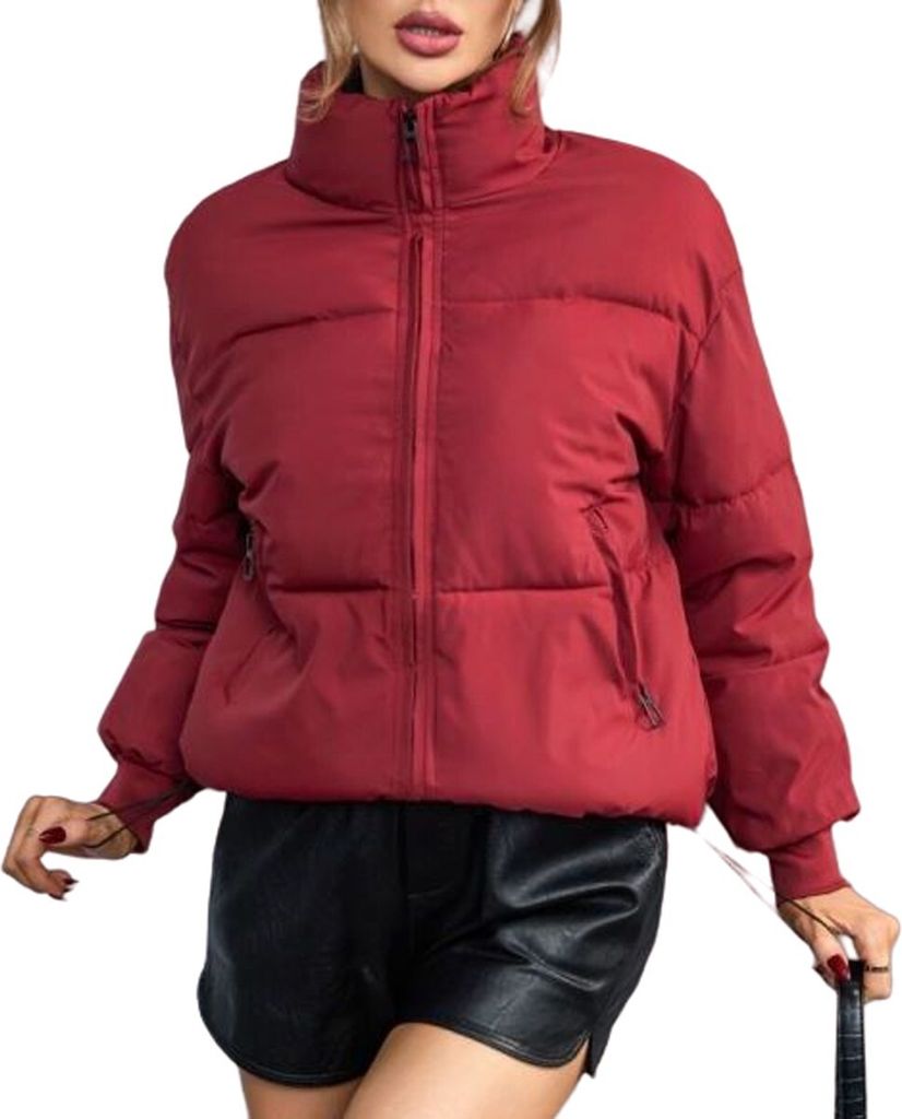 ASKSA Damen Crop Daunenjacke Warm Gesteppte Winterjacke Leichte Casual Winter Mantel Jacke Outdoorjacke, Rotwein, S