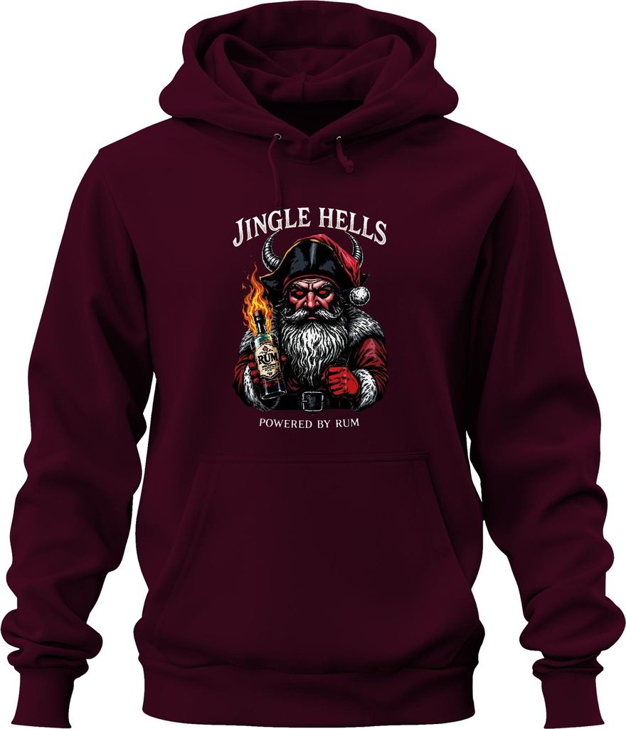 Jingle Hells Powered by Rum Santa horned flaming bottle Christmas Uni Hoodie Kapuzenpullover, Burgundy, XL