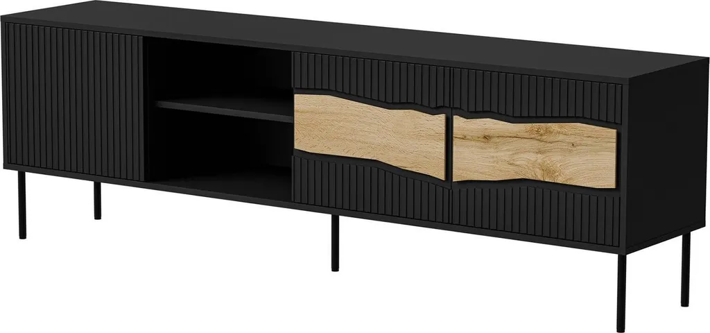 Meuble TV 190 cm noir doté de 2 grandes étagères multimédias
