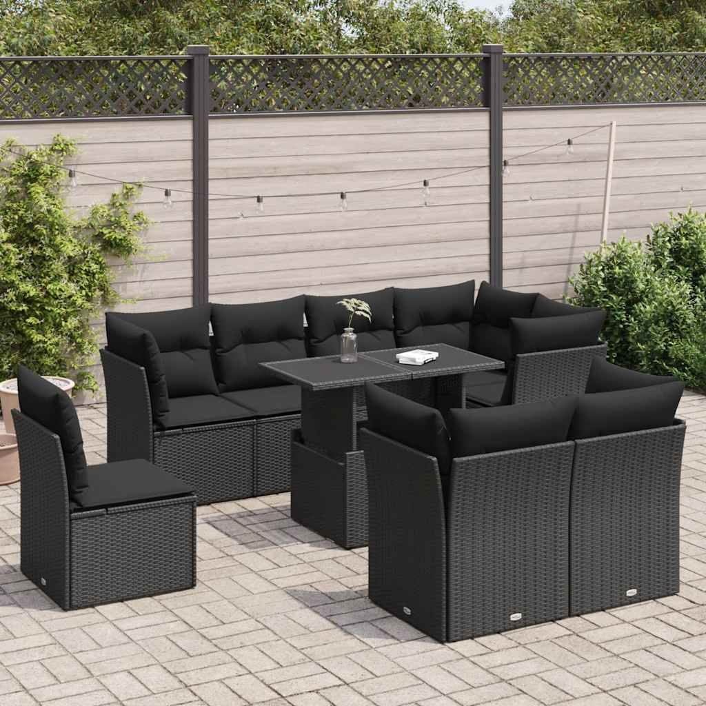 Design 9-tlg. Garten-Sofagarnitur mit Kissen Schwarz Poly Rattan, Gartenmöbel-Sets 2024 Neu
