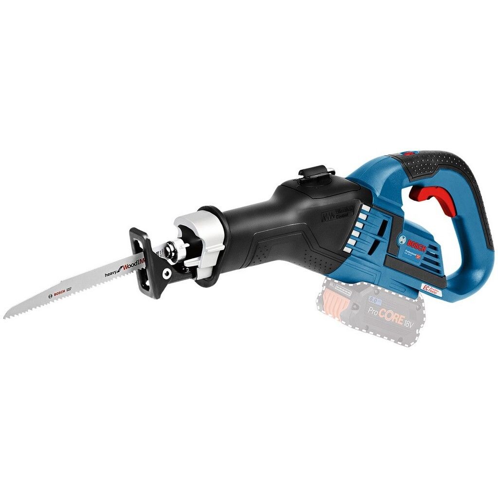 A cordless reciprocating saw with a battery pack attached, shown against a white background.