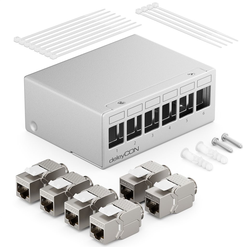 deleyCON 6 Port Patchpanel Set Patchfeld Verteilerfeld 1HE + 6x RJ45 Keystone Jack Modul STP CAT6a Kompatibel mit Verlegekabel CAT5 CAT6 CAT6a CAT7...