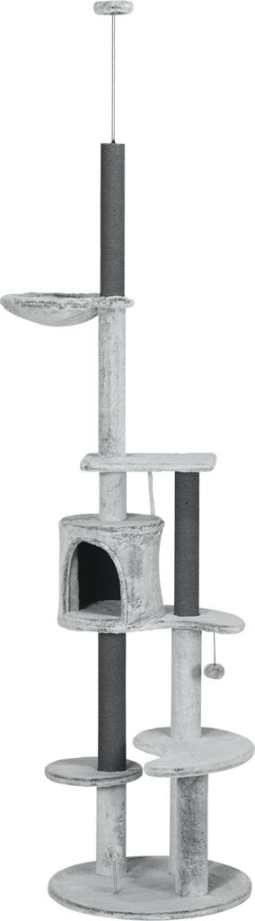 Kratzbaum mit Deckenspanner, Hängematte, Haus, Plattformen, Spielball, 225-255cm, Grau